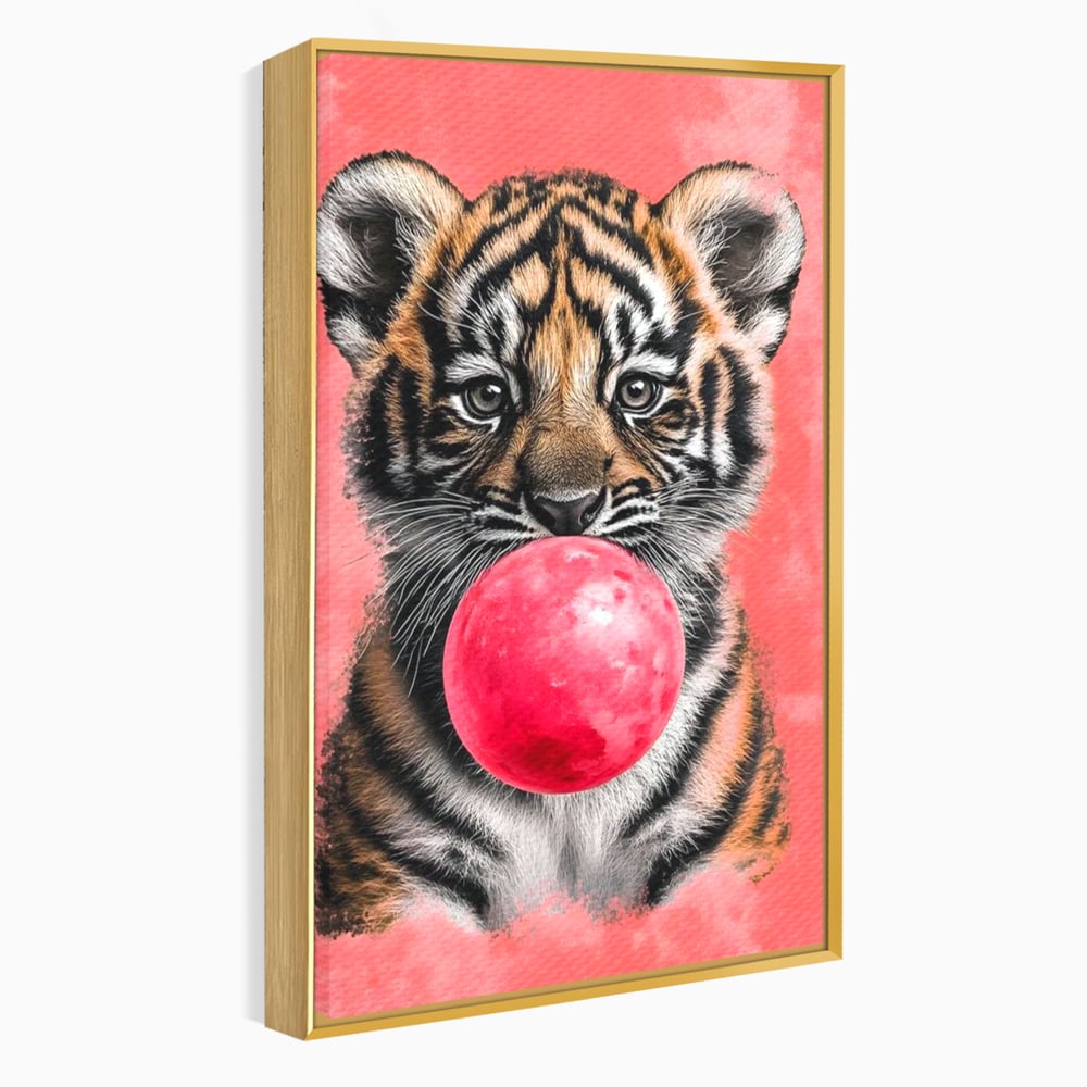 Tablou Canvas Premium, LuxCanva® M1494, Tigrul Poznas, Pui, Tigru, Bubble Gum, Roz, Adorabil, Jucaus, Copilarie, Dormitor, Birou, Living, Camera Copil