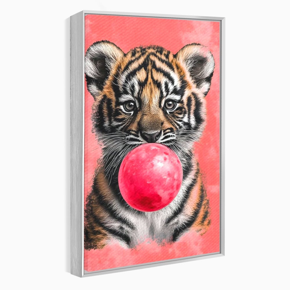 Tablou Canvas Premium, LuxCanva® M1494, Tigrul Poznas, Pui, Tigru, Bubble Gum, Roz, Adorabil, Jucaus, Copilarie, Dormitor, Birou, Living, Camera Copil