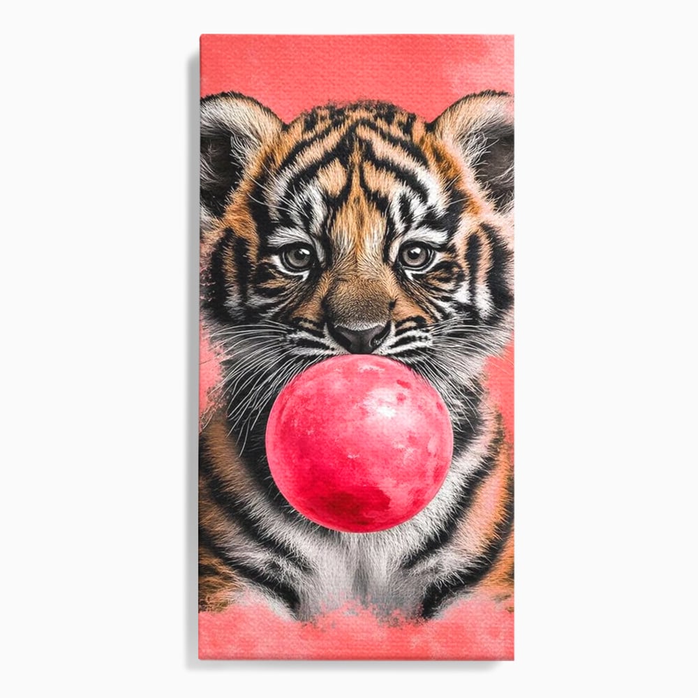 Tablou Canvas Premium, LuxCanva® M1494, Tigrul Poznas, Pui, Tigru, Bubble Gum, Roz, Adorabil, Jucaus, Copilarie, Dormitor, Birou, Living, Camera Copil