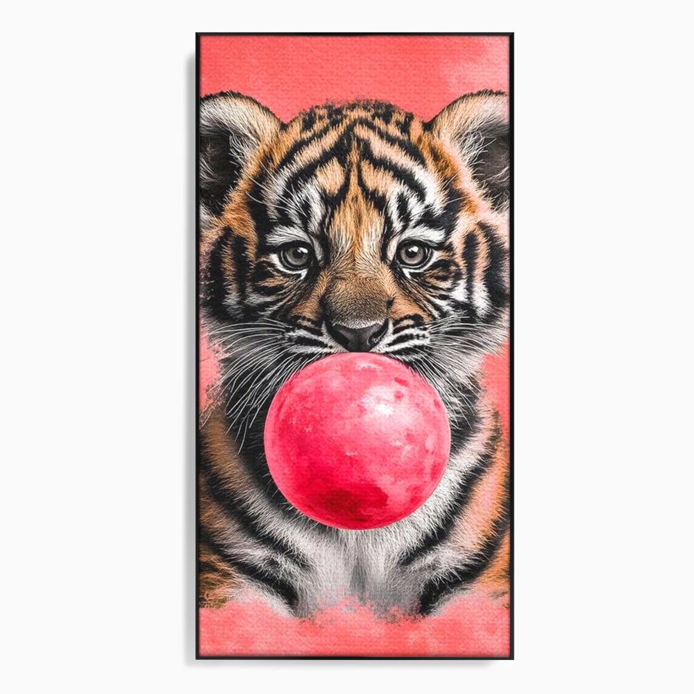 Tablou Canvas Premium, LuxCanva® M1494, Tigrul Poznas, Pui, Tigru, Bubble Gum, Roz, Adorabil, Jucaus, Copilarie, Dormitor, Birou, Living, Camera Copil