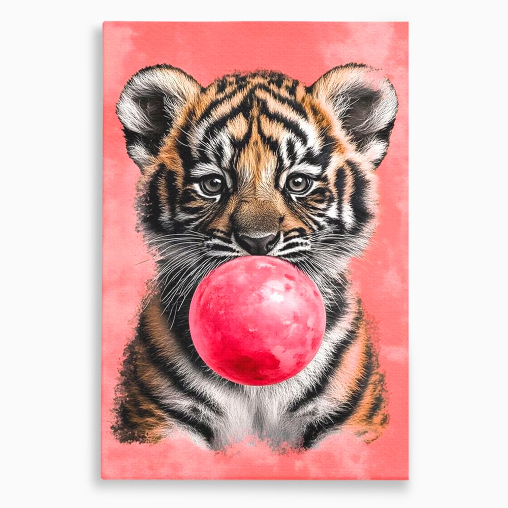 Tablou Canvas Premium, LuxCanva® M1494, Tigrul Poznas, Pui, Tigru, Bubble Gum, Roz, Adorabil, Jucaus, Copilarie, Dormitor, Birou, Living, Camera Copil