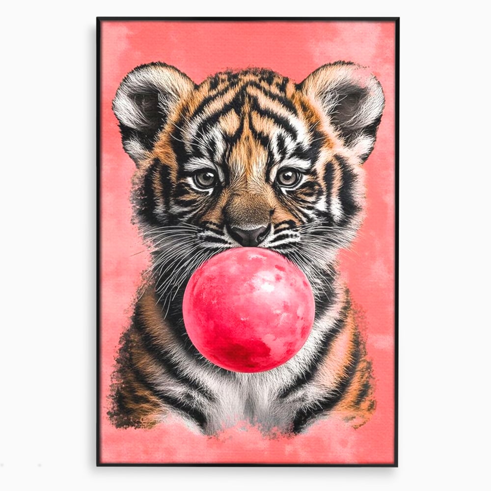 Tablou Canvas Premium, LuxCanva® M1494, Tigrul Poznas, Pui, Tigru, Bubble Gum, Roz, Adorabil, Jucaus, Copilarie, Dormitor, Birou, Living, Camera Copil