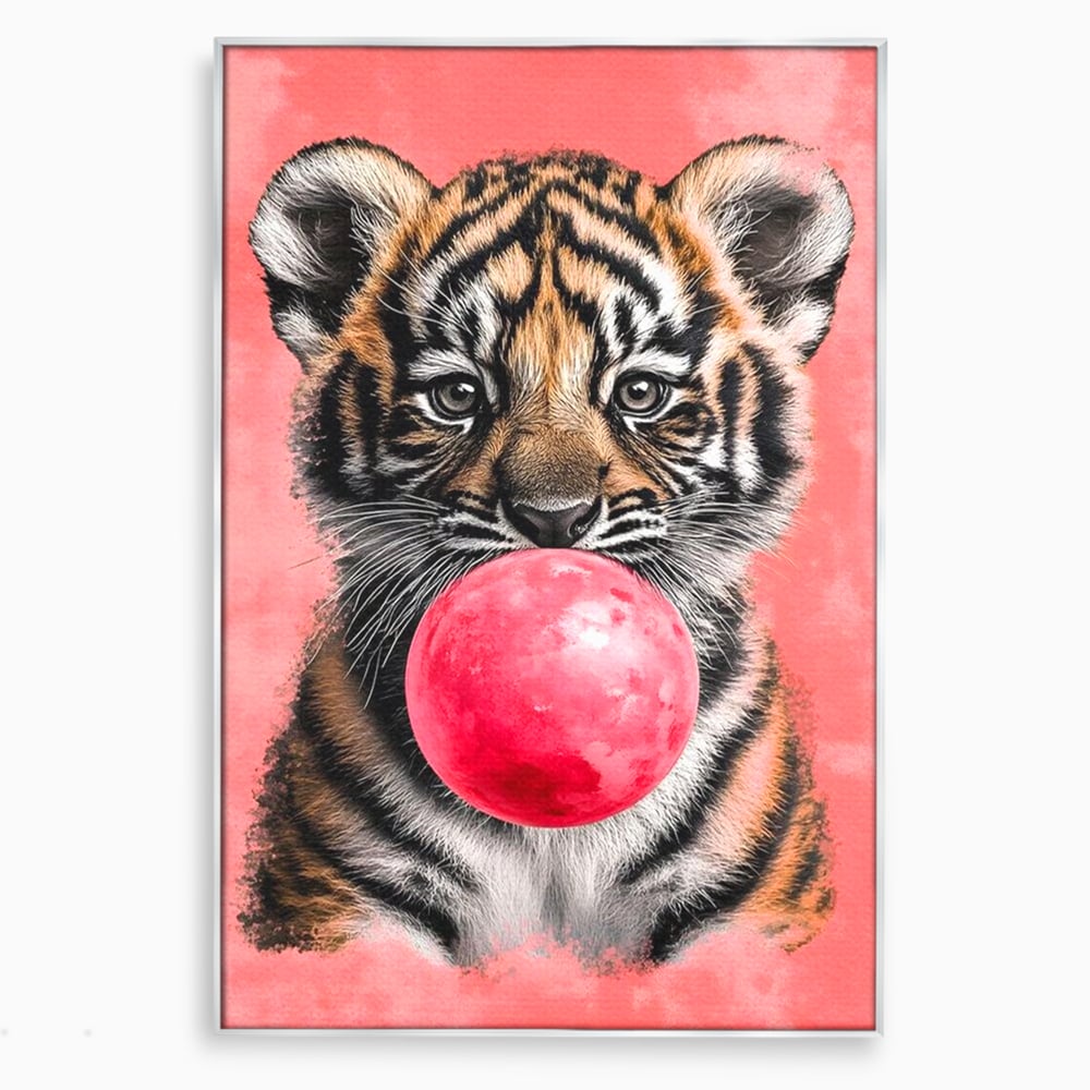 Tablou Canvas Premium, LuxCanva® M1494, Tigrul Poznas, Pui, Tigru, Bubble Gum, Roz, Adorabil, Jucaus, Copilarie, Dormitor, Birou, Living, Camera Copil