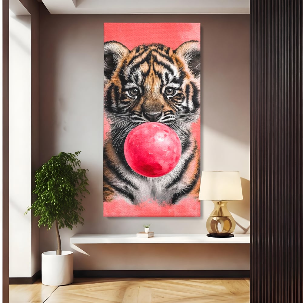 Tablou Canvas Premium, LuxCanva® M1494, Tigrul Poznas, Pui, Tigru, Bubble Gum, Roz, Adorabil, Jucaus, Copilarie, Dormitor, Birou, Living, Camera Copil