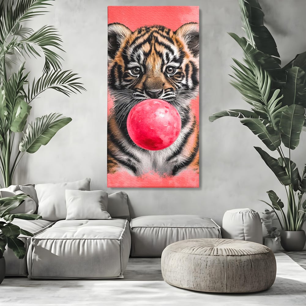 Tablou Canvas Premium, LuxCanva® M1494, Tigrul Poznas, Pui, Tigru, Bubble Gum, Roz, Adorabil, Jucaus, Copilarie, Dormitor, Birou, Living, Camera Copil