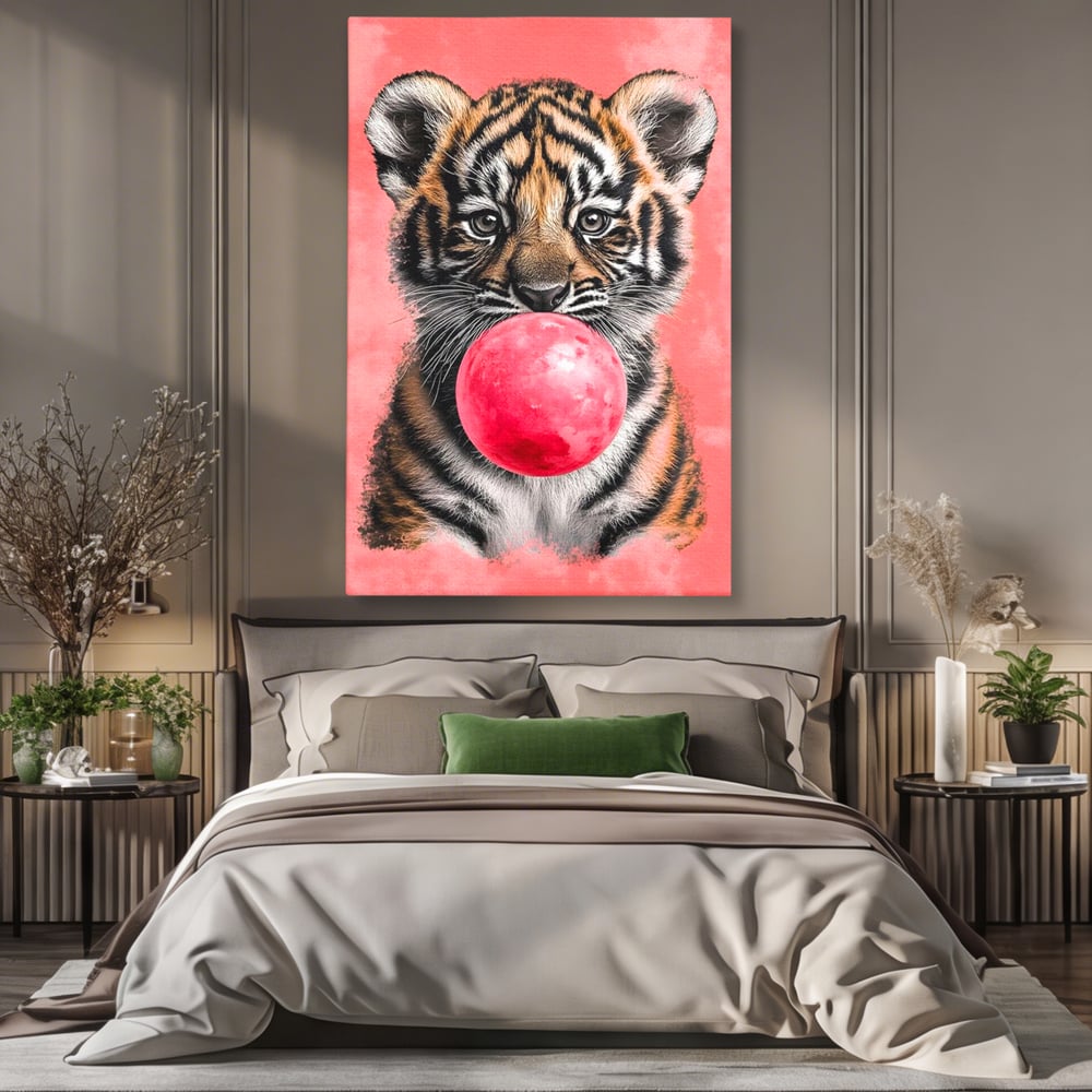 Tablou Canvas Premium, LuxCanva® M1494, Tigrul Poznas, Pui, Tigru, Bubble Gum, Roz, Adorabil, Jucaus, Copilarie, Dormitor, Birou, Living, Camera Copil