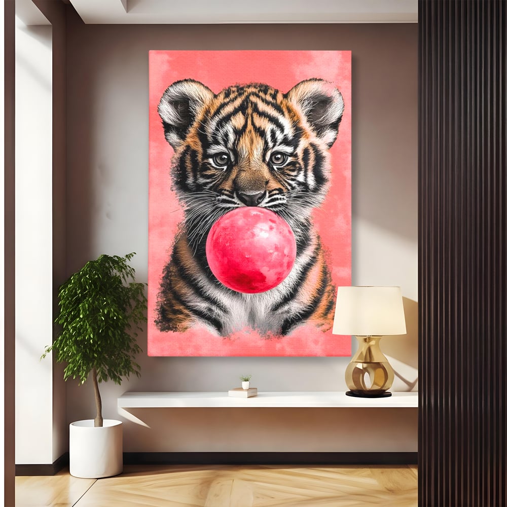 Tablou Canvas Premium, LuxCanva® M1494, Tigrul Poznas, Pui, Tigru, Bubble Gum, Roz, Adorabil, Jucaus, Copilarie, Dormitor, Birou, Living, Camera Copil
