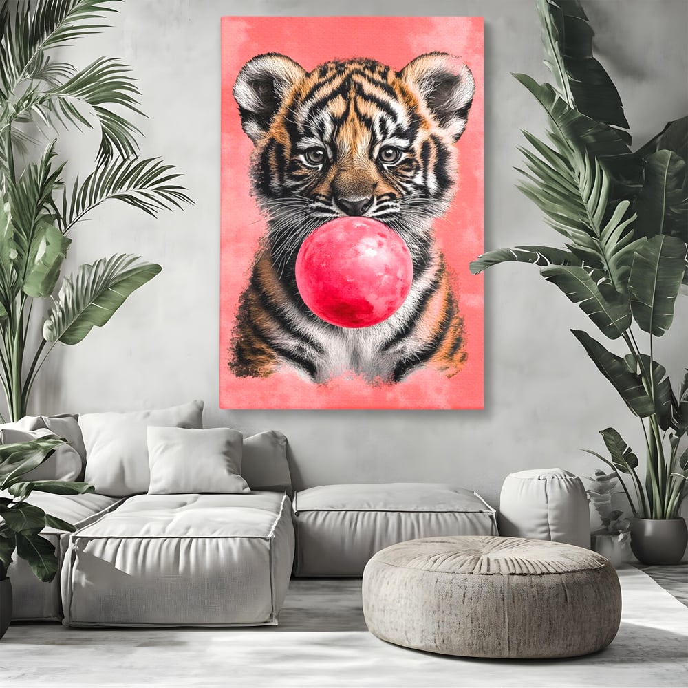 Tablou Canvas Premium, LuxCanva® M1494, Tigrul Poznas, Pui, Tigru, Bubble Gum, Roz, Adorabil, Jucaus, Copilarie, Dormitor, Birou, Living, Camera Copil