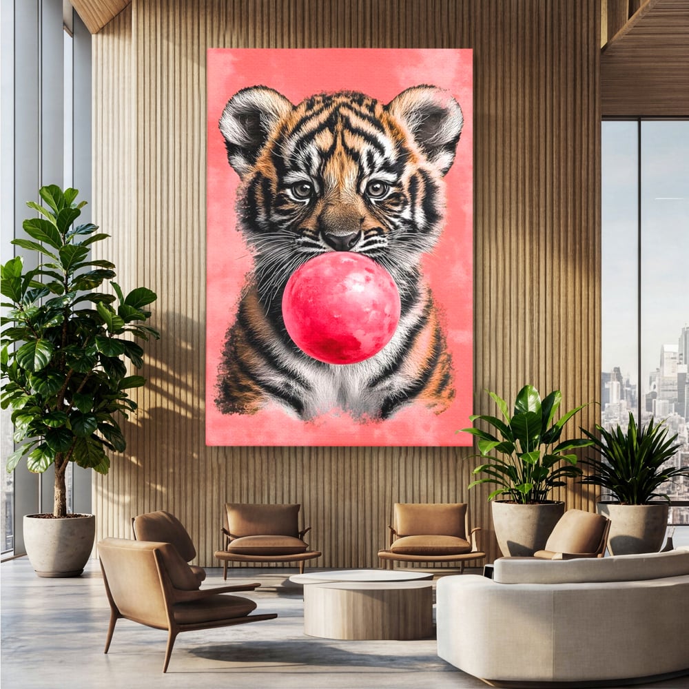 Tablou Canvas Premium, LuxCanva® M1494, Tigrul Poznas, Pui, Tigru, Bubble Gum, Roz, Adorabil, Jucaus, Copilarie, Dormitor, Birou, Living, Camera Copil