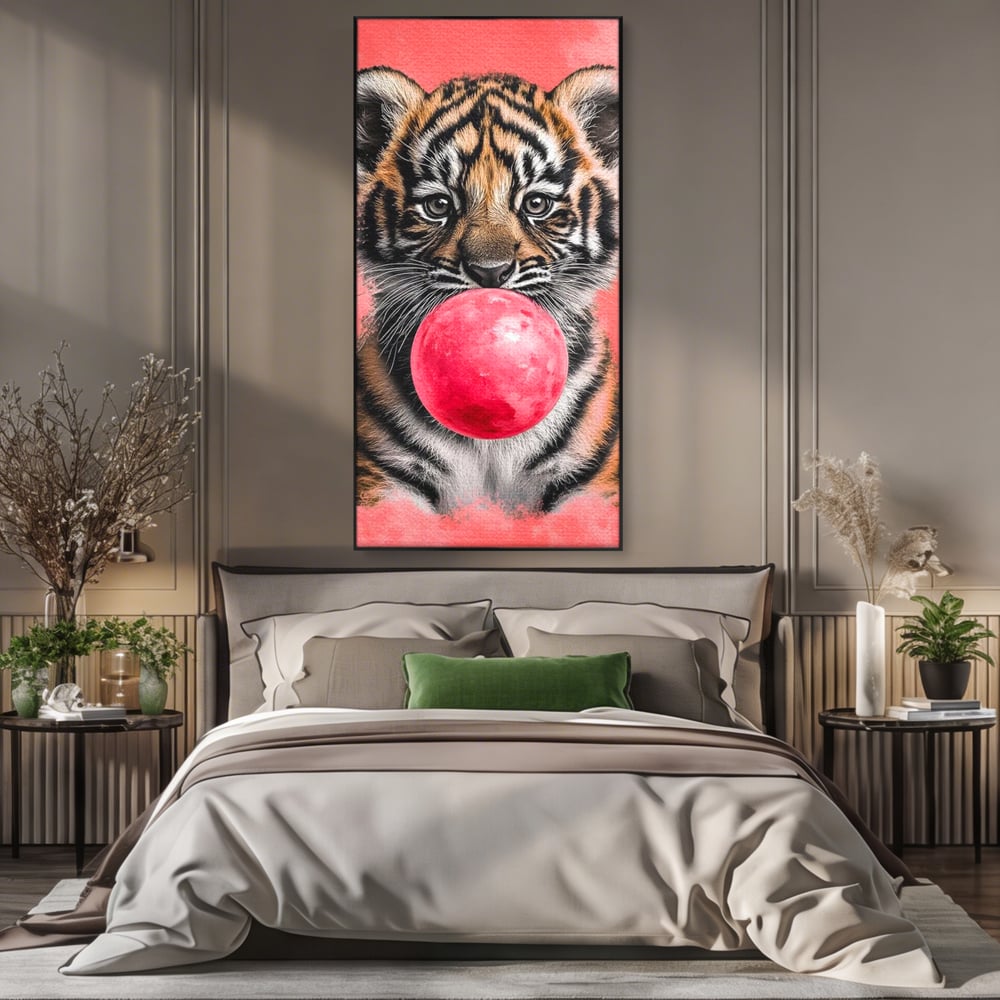Tablou Canvas Premium, LuxCanva® M1494, Tigrul Poznas, Pui, Tigru, Bubble Gum, Roz, Adorabil, Jucaus, Copilarie, Dormitor, Birou, Living, Camera Copil