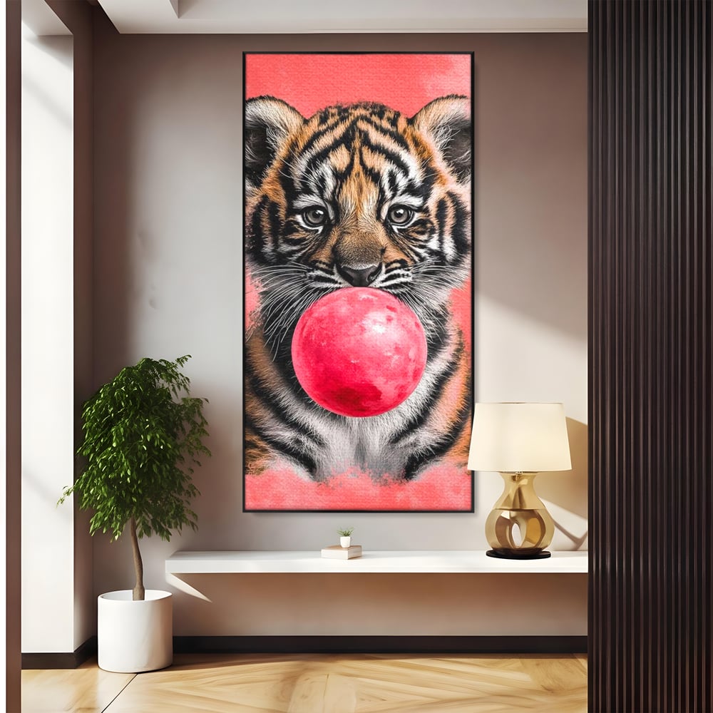 Tablou Canvas Premium, LuxCanva® M1494, Tigrul Poznas, Pui, Tigru, Bubble Gum, Roz, Adorabil, Jucaus, Copilarie, Dormitor, Birou, Living, Camera Copil