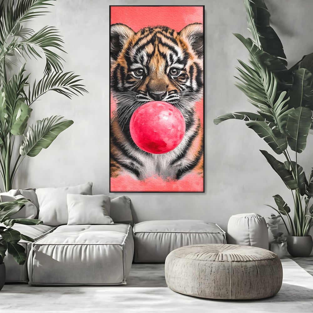 Tablou Canvas Premium, LuxCanva® M1494, Tigrul Poznas, Pui, Tigru, Bubble Gum, Roz, Adorabil, Jucaus, Copilarie, Dormitor, Birou, Living, Camera Copil