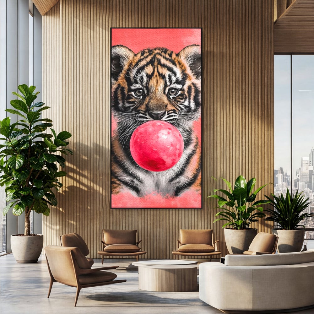 Tablou Canvas Premium, LuxCanva® M1494, Tigrul Poznas, Pui, Tigru, Bubble Gum, Roz, Adorabil, Jucaus, Copilarie, Dormitor, Birou, Living, Camera Copil