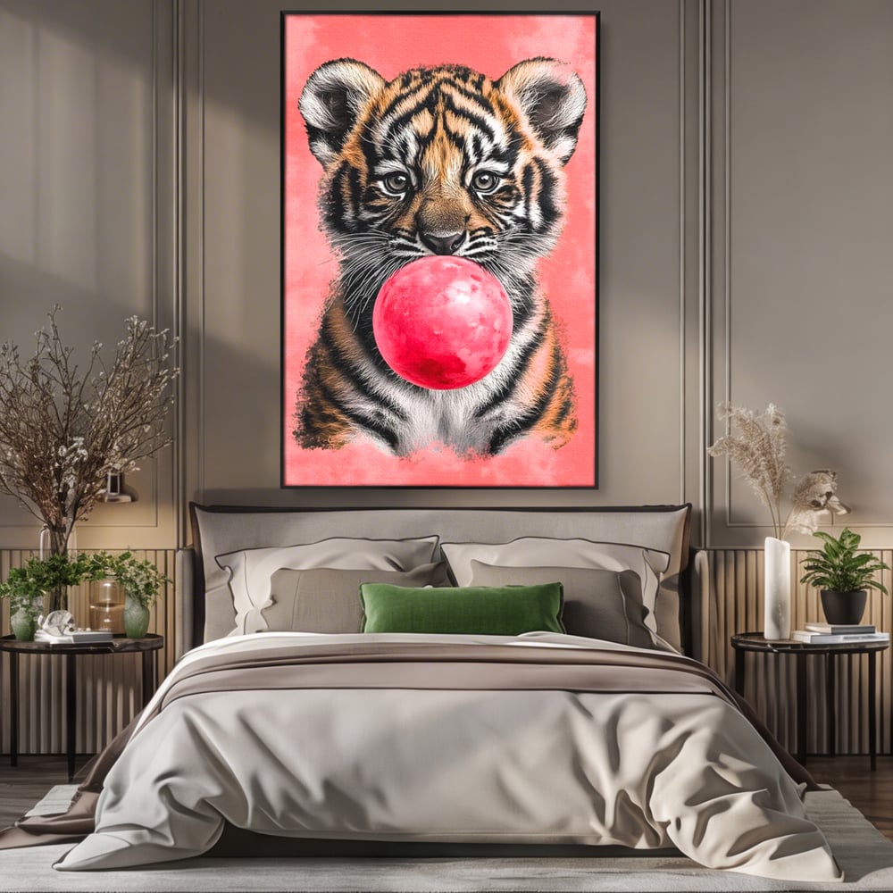 Tablou Canvas Premium, LuxCanva® M1494, Tigrul Poznas, Pui, Tigru, Bubble Gum, Roz, Adorabil, Jucaus, Copilarie, Dormitor, Birou, Living, Camera Copil