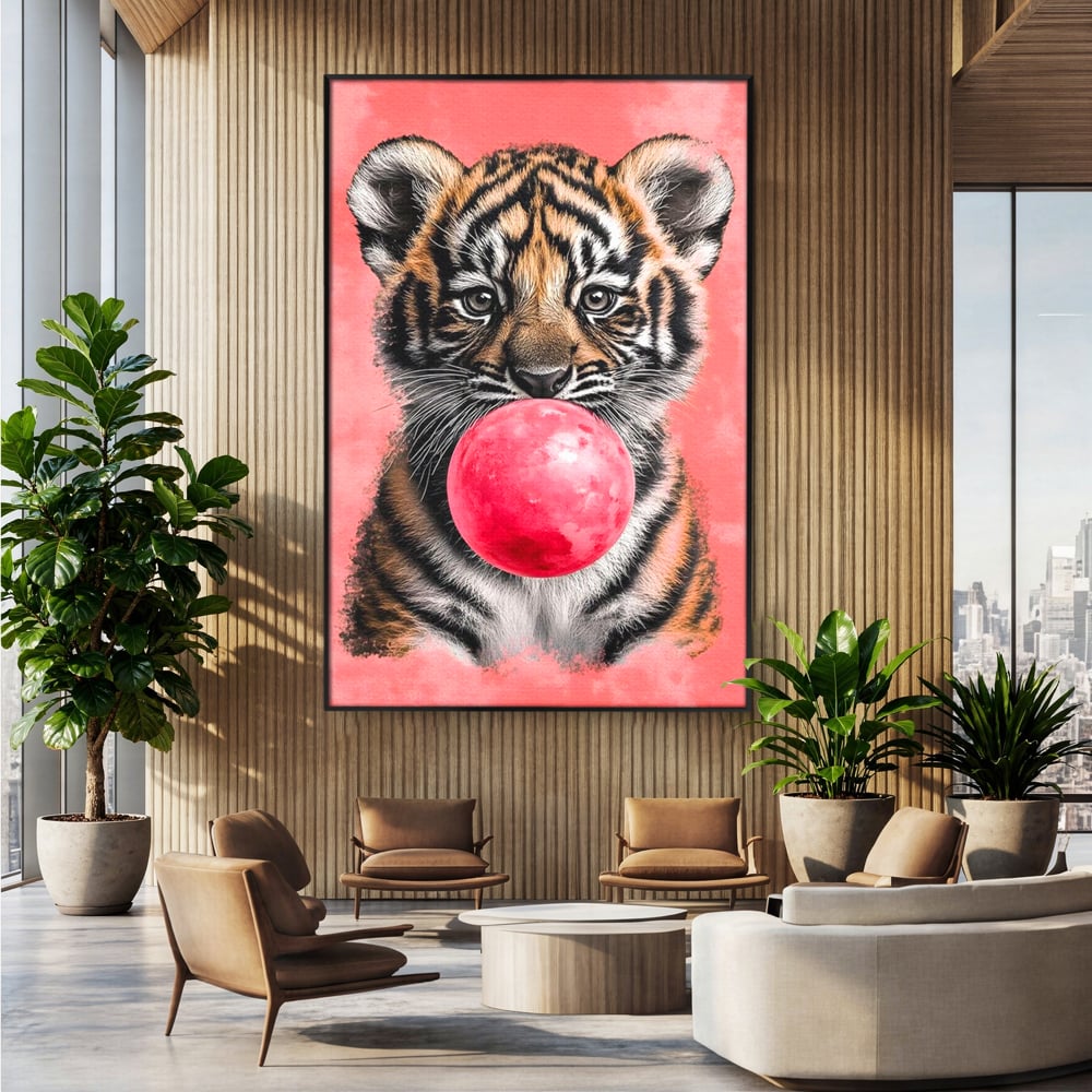 Tablou Canvas Premium, LuxCanva® M1494, Tigrul Poznas, Pui, Tigru, Bubble Gum, Roz, Adorabil, Jucaus, Copilarie, Dormitor, Birou, Living, Camera Copil