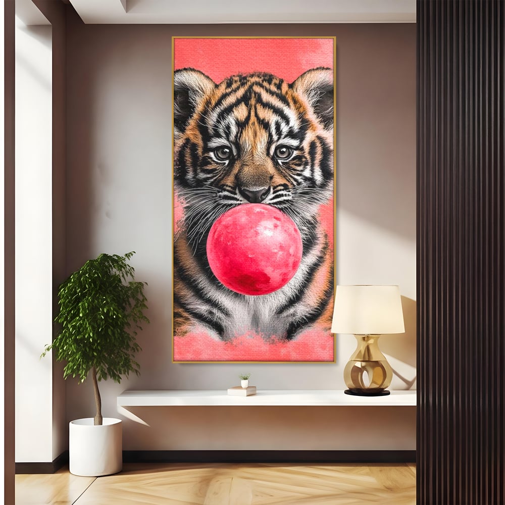 Tablou Canvas Premium, LuxCanva® M1494, Tigrul Poznas, Pui, Tigru, Bubble Gum, Roz, Adorabil, Jucaus, Copilarie, Dormitor, Birou, Living, Camera Copil