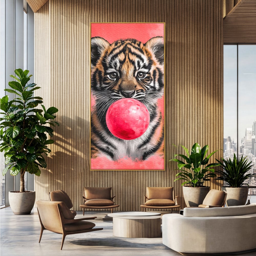 Tablou Canvas Premium, LuxCanva® M1494, Tigrul Poznas, Pui, Tigru, Bubble Gum, Roz, Adorabil, Jucaus, Copilarie, Dormitor, Birou, Living, Camera Copil