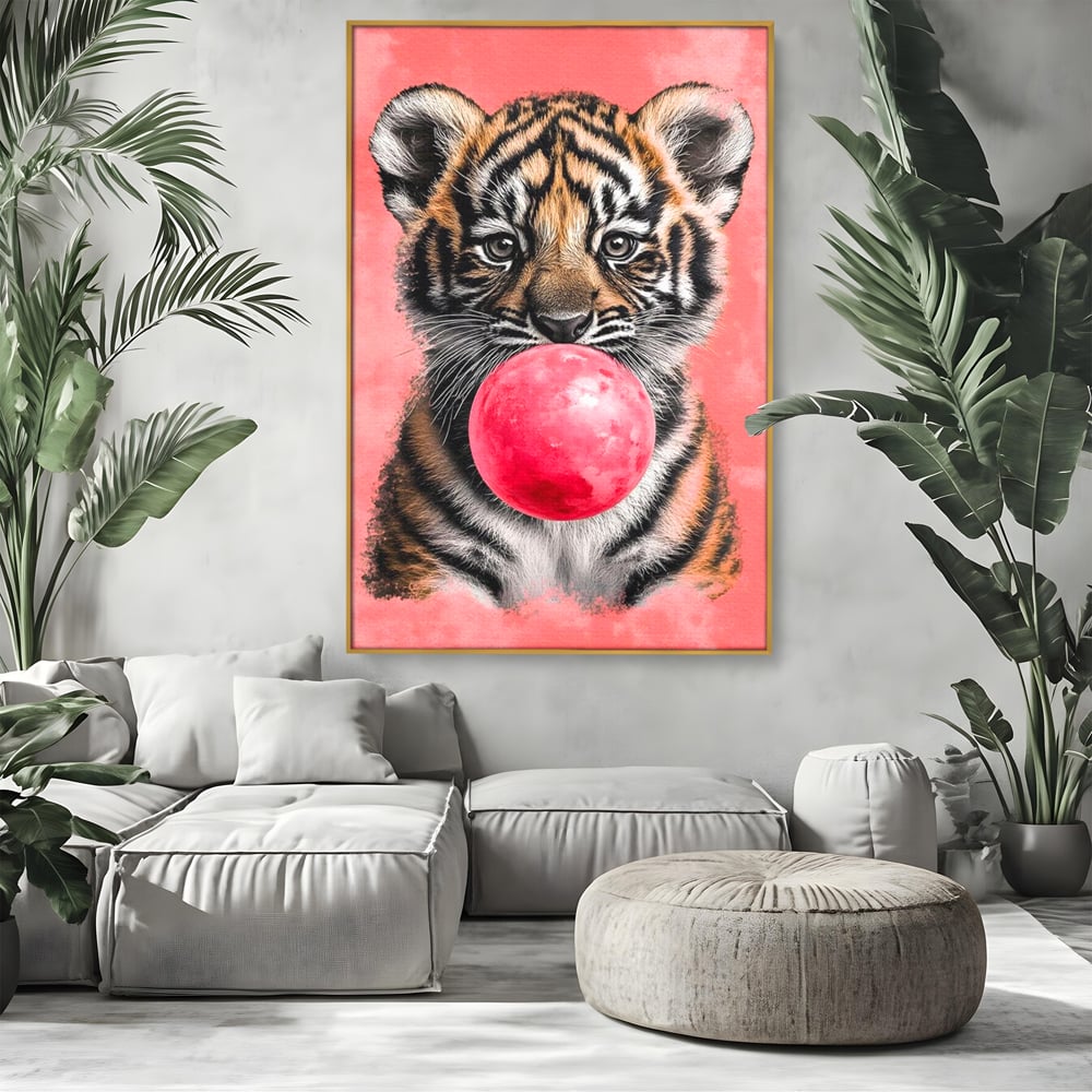 Tablou Canvas Premium, LuxCanva® M1494, Tigrul Poznas, Pui, Tigru, Bubble Gum, Roz, Adorabil, Jucaus, Copilarie, Dormitor, Birou, Living, Camera Copil