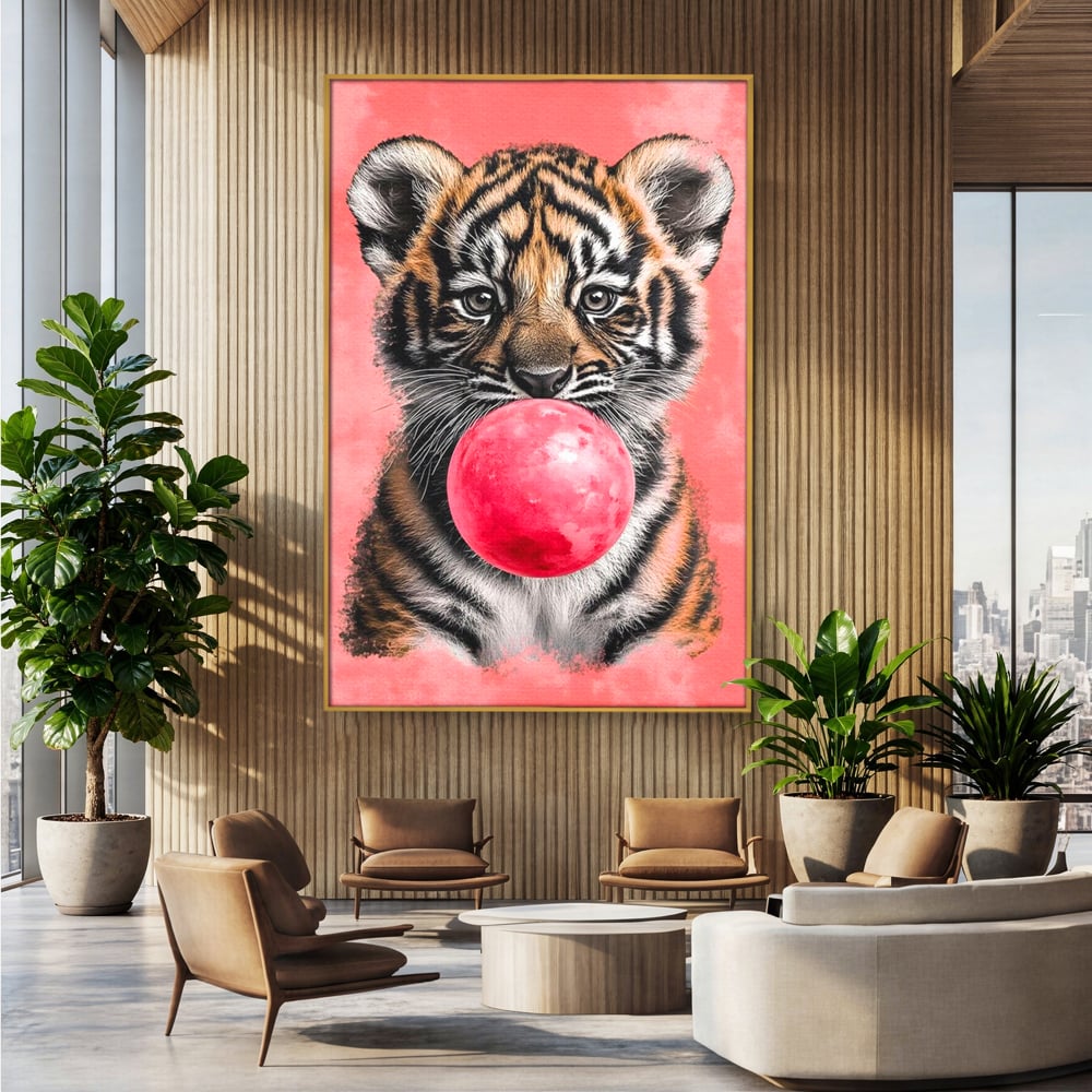 Tablou Canvas Premium, LuxCanva® M1494, Tigrul Poznas, Pui, Tigru, Bubble Gum, Roz, Adorabil, Jucaus, Copilarie, Dormitor, Birou, Living, Camera Copil
