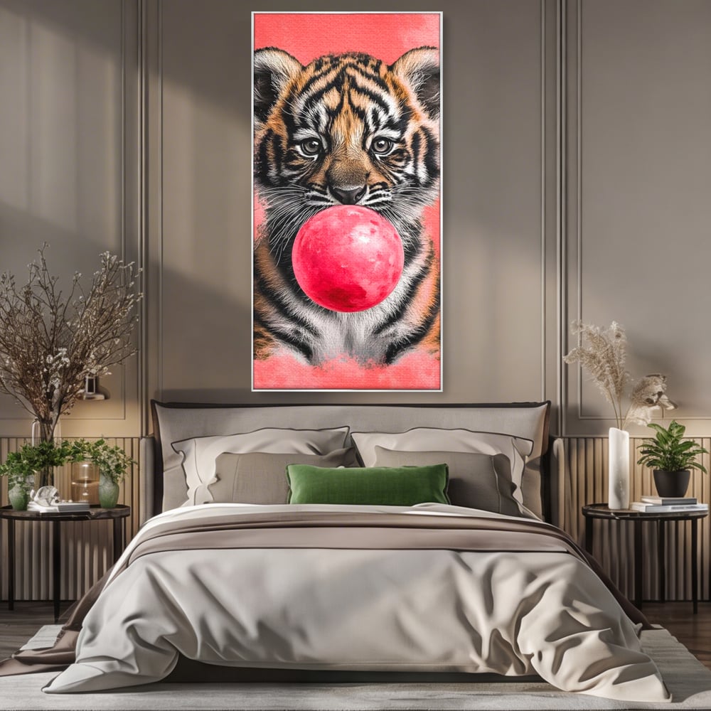 Tablou Canvas Premium, LuxCanva® M1494, Tigrul Poznas, Pui, Tigru, Bubble Gum, Roz, Adorabil, Jucaus, Copilarie, Dormitor, Birou, Living, Camera Copil