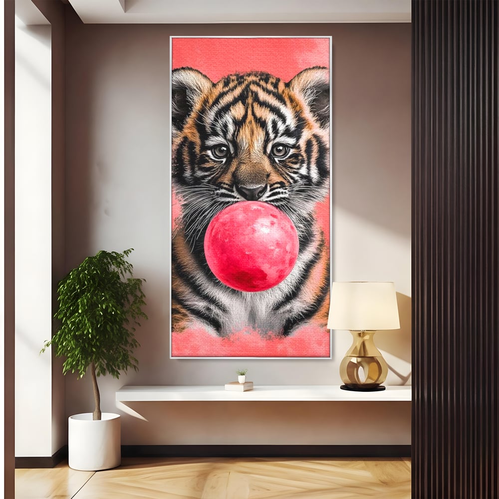 Tablou Canvas Premium, LuxCanva® M1494, Tigrul Poznas, Pui, Tigru, Bubble Gum, Roz, Adorabil, Jucaus, Copilarie, Dormitor, Birou, Living, Camera Copil