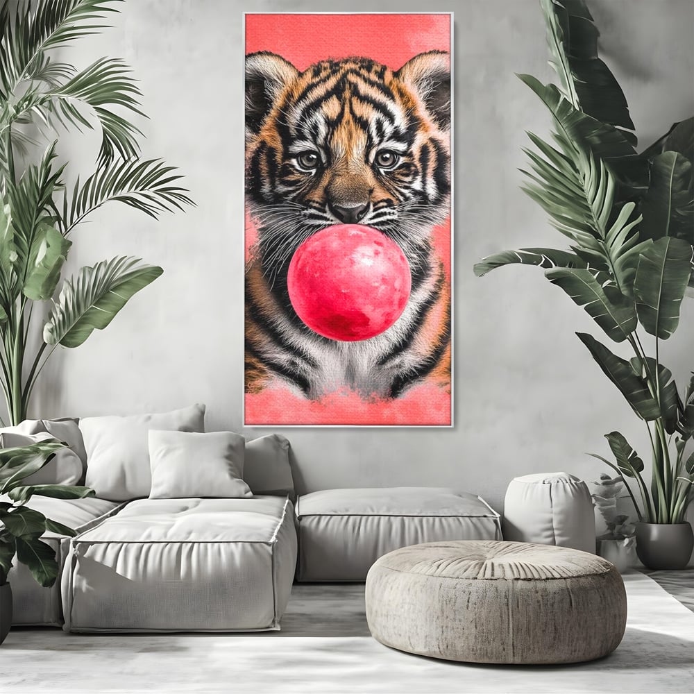 Tablou Canvas Premium, LuxCanva® M1494, Tigrul Poznas, Pui, Tigru, Bubble Gum, Roz, Adorabil, Jucaus, Copilarie, Dormitor, Birou, Living, Camera Copil