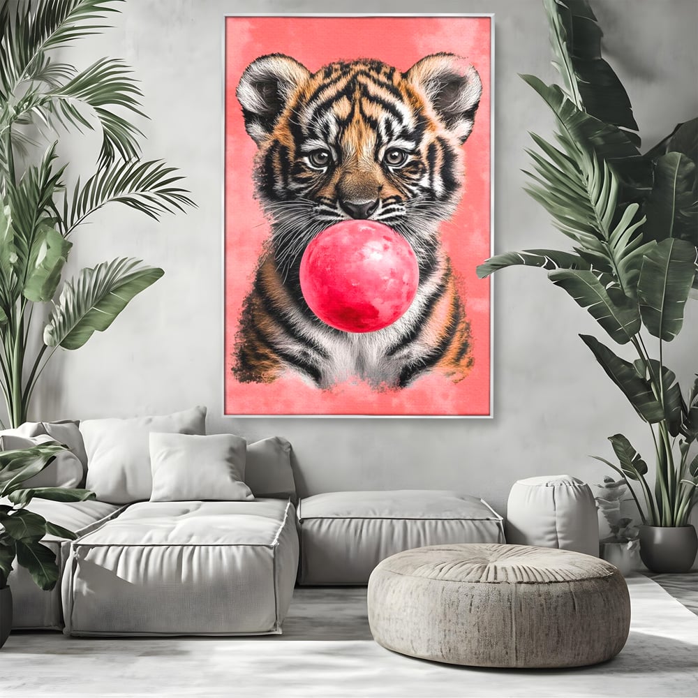 Tablou Canvas Premium, LuxCanva® M1494, Tigrul Poznas, Pui, Tigru, Bubble Gum, Roz, Adorabil, Jucaus, Copilarie, Dormitor, Birou, Living, Camera Copil