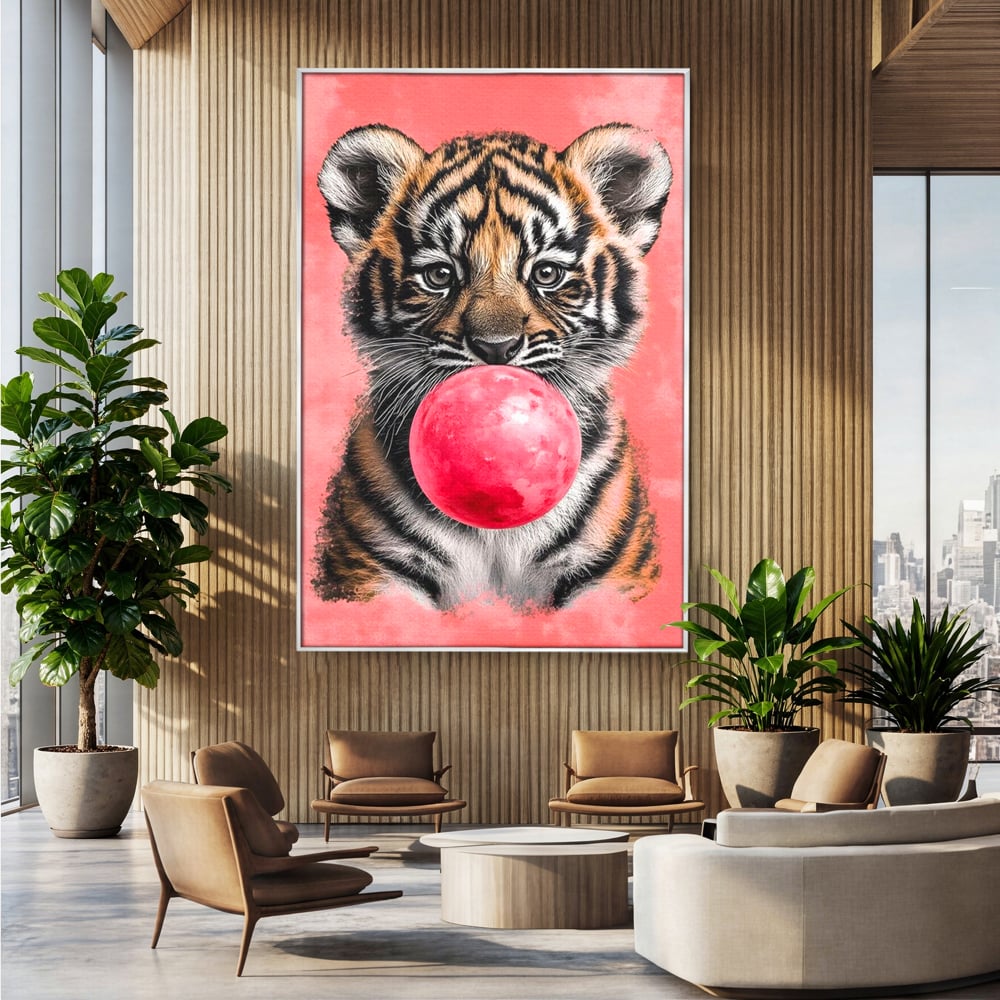 Tablou Canvas Premium, LuxCanva® M1494, Tigrul Poznas, Pui, Tigru, Bubble Gum, Roz, Adorabil, Jucaus, Copilarie, Dormitor, Birou, Living, Camera Copil