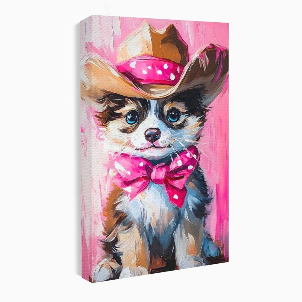 Tablou Canvas Premium, LuxCanva® M1495, Micutul Serif Roz, Catelus, Palarie, Cowboy, Dragalas, Fundita, Pufosenie, Dormitor, Birou, Living, Camera Copil