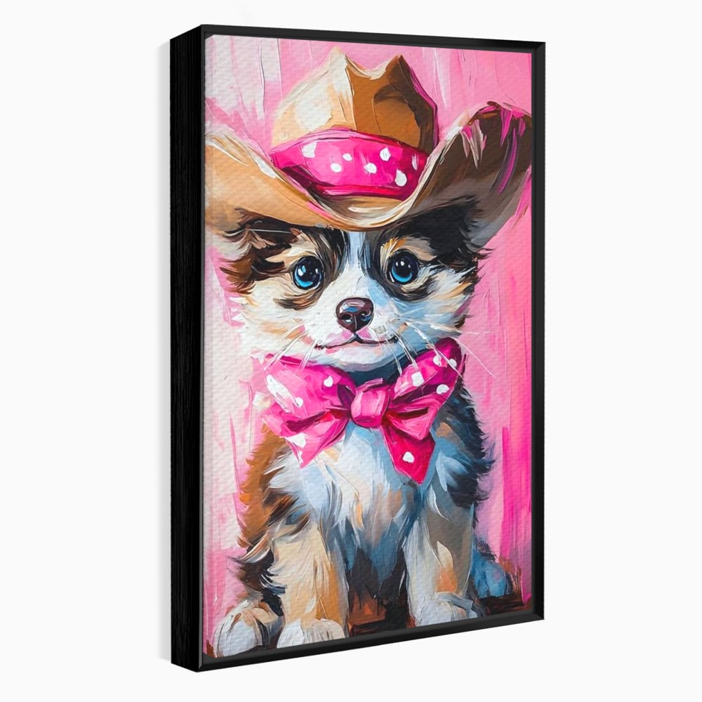 Tablou Canvas Premium, LuxCanva® M1495, Micutul Serif Roz, Catelus, Palarie, Cowboy, Dragalas, Fundita, Pufosenie, Dormitor, Birou, Living, Camera Copil