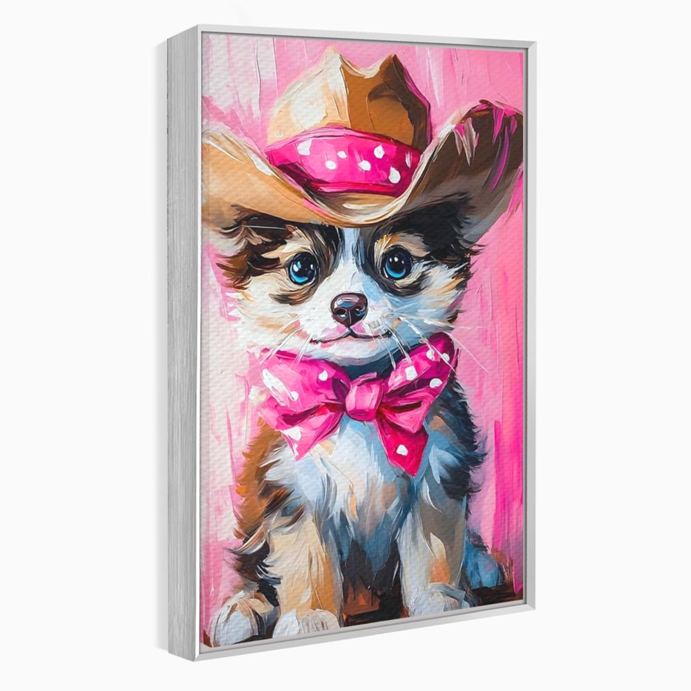 Tablou Canvas Premium, LuxCanva® M1495, Micutul Serif Roz, Catelus, Palarie, Cowboy, Dragalas, Fundita, Pufosenie, Dormitor, Birou, Living, Camera Copil