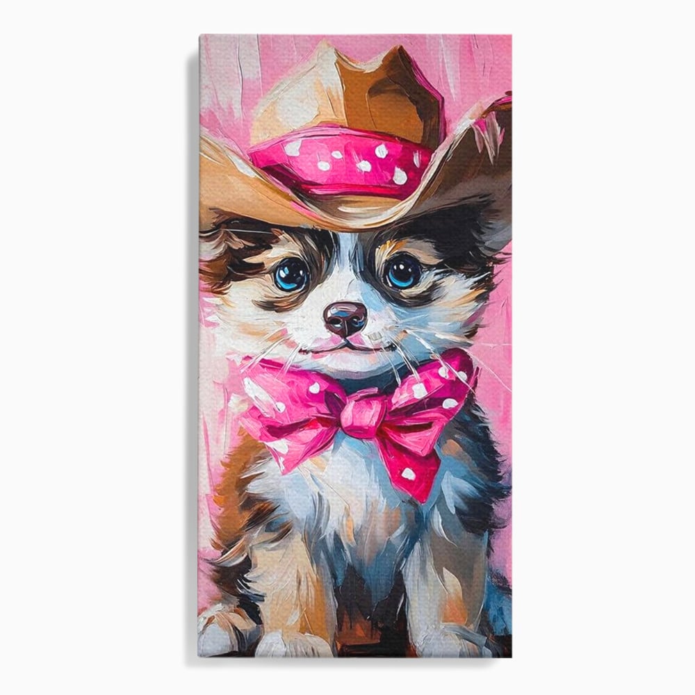 Tablou Canvas Premium, LuxCanva® M1495, Micutul Serif Roz, Catelus, Palarie, Cowboy, Dragalas, Fundita, Pufosenie, Dormitor, Birou, Living, Camera Copil