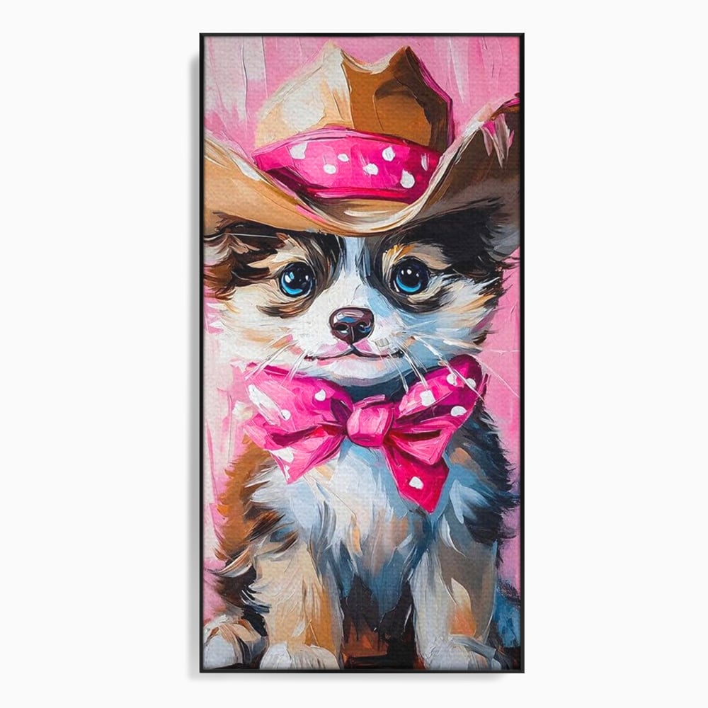 Tablou Canvas Premium, LuxCanva® M1495, Micutul Serif Roz, Catelus, Palarie, Cowboy, Dragalas, Fundita, Pufosenie, Dormitor, Birou, Living, Camera Copil