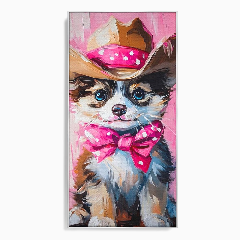 Tablou Canvas Premium, LuxCanva® M1495, Micutul Serif Roz, Catelus, Palarie, Cowboy, Dragalas, Fundita, Pufosenie, Dormitor, Birou, Living, Camera Copil