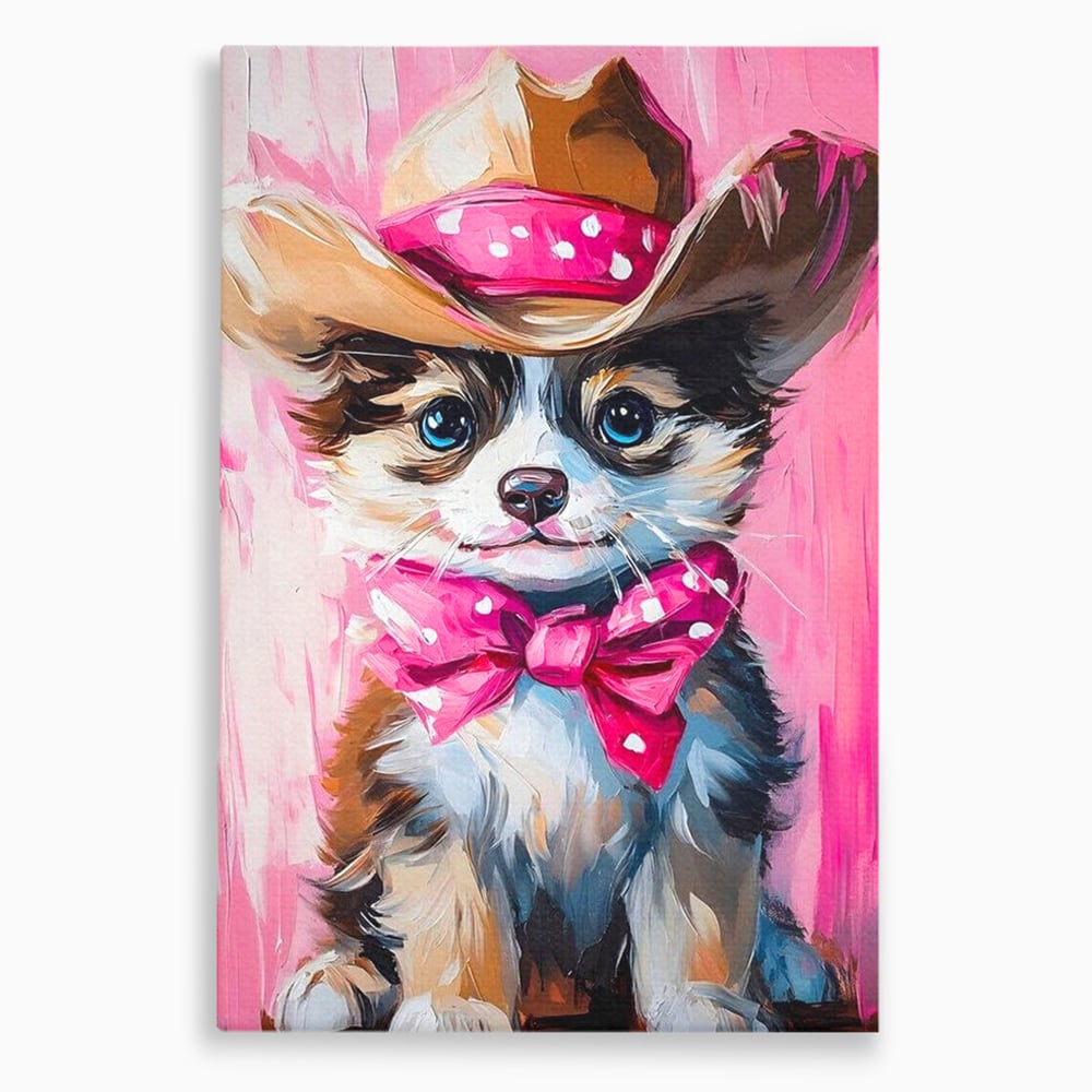 Tablou Canvas Premium, LuxCanva® M1495, Micutul Serif Roz, Catelus, Palarie, Cowboy, Dragalas, Fundita, Pufosenie, Dormitor, Birou, Living, Camera Copil