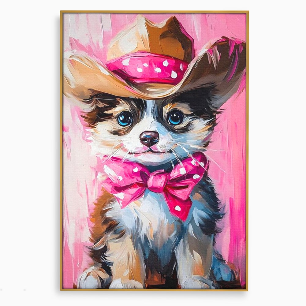 Tablou Canvas Premium, LuxCanva® M1495, Micutul Serif Roz, Catelus, Palarie, Cowboy, Dragalas, Fundita, Pufosenie, Dormitor, Birou, Living, Camera Copil