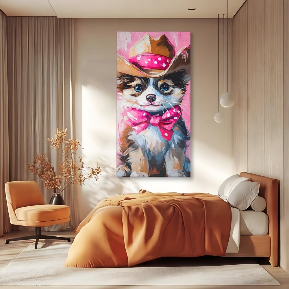 Tablou Canvas Premium, LuxCanva® M1495, Micutul Serif Roz, Catelus, Palarie, Cowboy, Dragalas, Fundita, Pufosenie, Dormitor, Birou, Living, Camera Copil