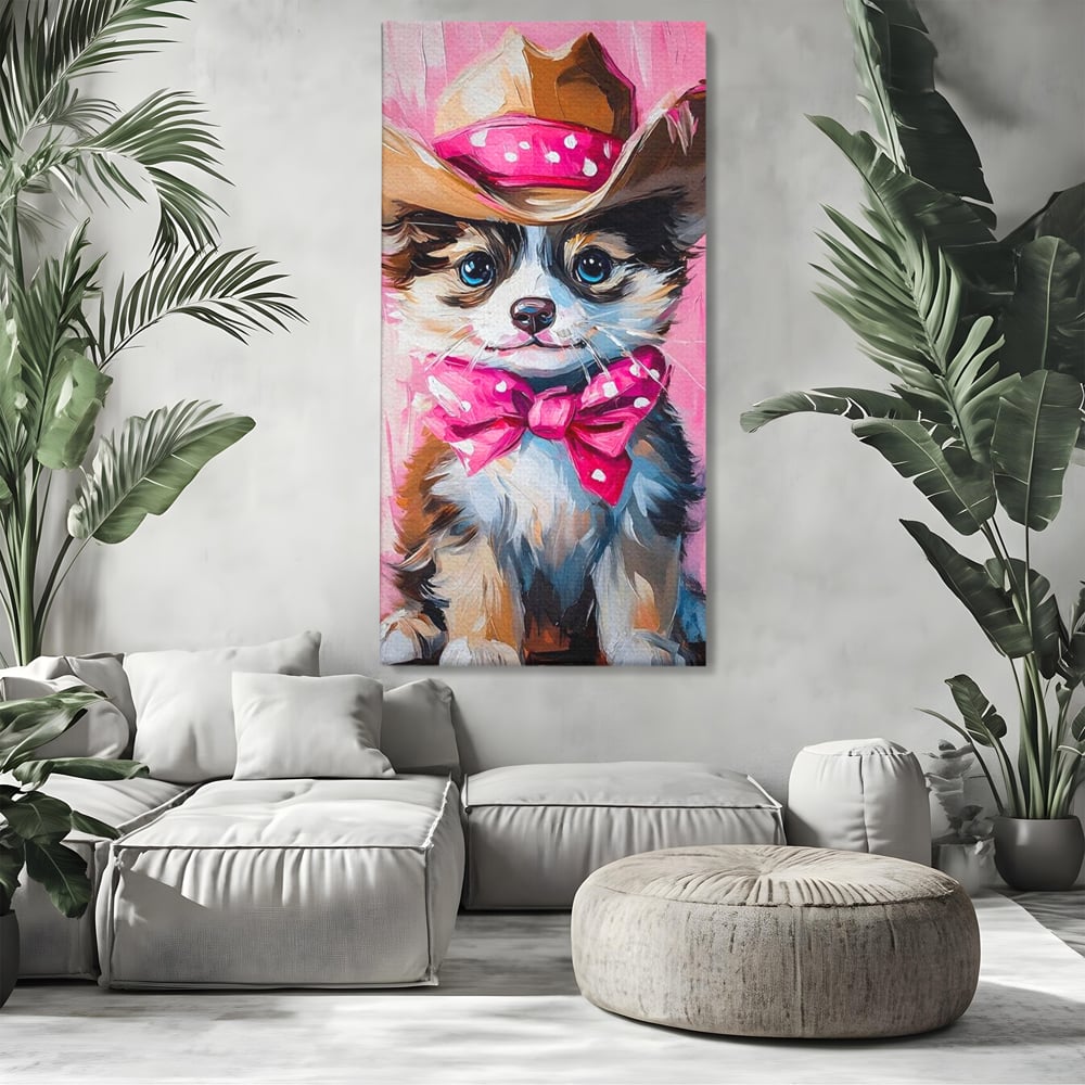 Tablou Canvas Premium, LuxCanva® M1495, Micutul Serif Roz, Catelus, Palarie, Cowboy, Dragalas, Fundita, Pufosenie, Dormitor, Birou, Living, Camera Copil
