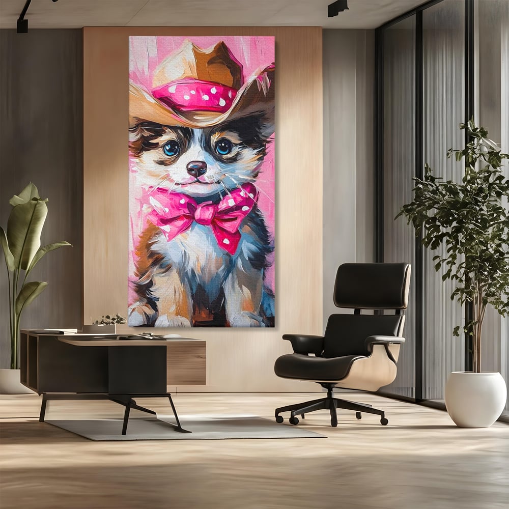 Tablou Canvas Premium, LuxCanva® M1495, Micutul Serif Roz, Catelus, Palarie, Cowboy, Dragalas, Fundita, Pufosenie, Dormitor, Birou, Living, Camera Copil