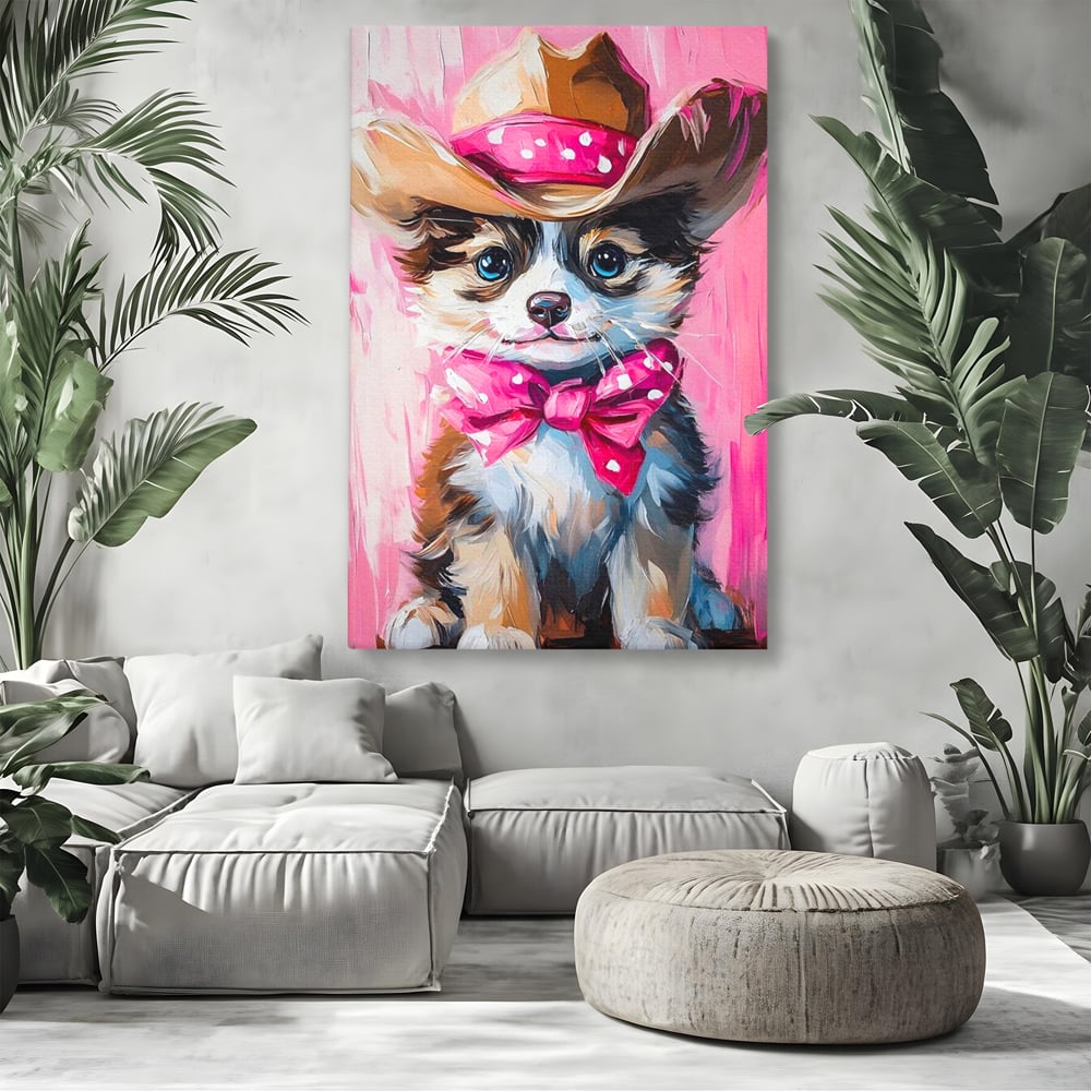 Tablou Canvas Premium, LuxCanva® M1495, Micutul Serif Roz, Catelus, Palarie, Cowboy, Dragalas, Fundita, Pufosenie, Dormitor, Birou, Living, Camera Copil