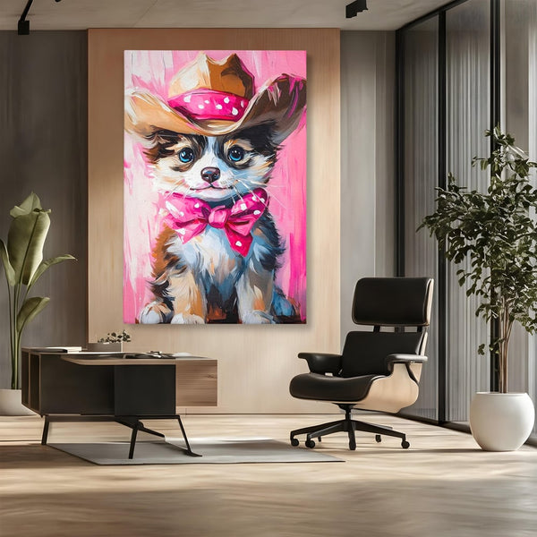 Tablou Canvas Premium, LuxCanva® M1495, Micutul Serif Roz, Catelus, Palarie, Cowboy, Dragalas, Fundita, Pufosenie, Dormitor, Birou, Living, Camera Copil