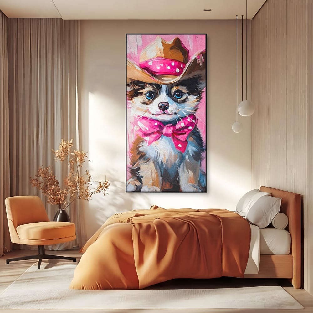 Tablou Canvas Premium, LuxCanva® M1495, Micutul Serif Roz, Catelus, Palarie, Cowboy, Dragalas, Fundita, Pufosenie, Dormitor, Birou, Living, Camera Copil