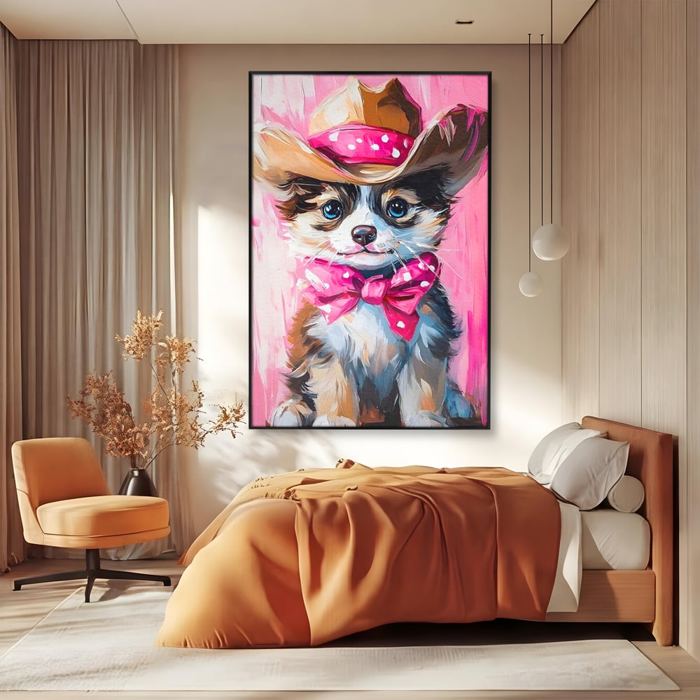 Tablou Canvas Premium, LuxCanva® M1495, Micutul Serif Roz, Catelus, Palarie, Cowboy, Dragalas, Fundita, Pufosenie, Dormitor, Birou, Living, Camera Copil