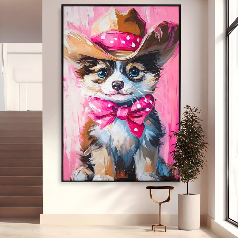 Tablou Canvas Premium, LuxCanva® M1495, Micutul Serif Roz, Catelus, Palarie, Cowboy, Dragalas, Fundita, Pufosenie, Dormitor, Birou, Living, Camera Copil