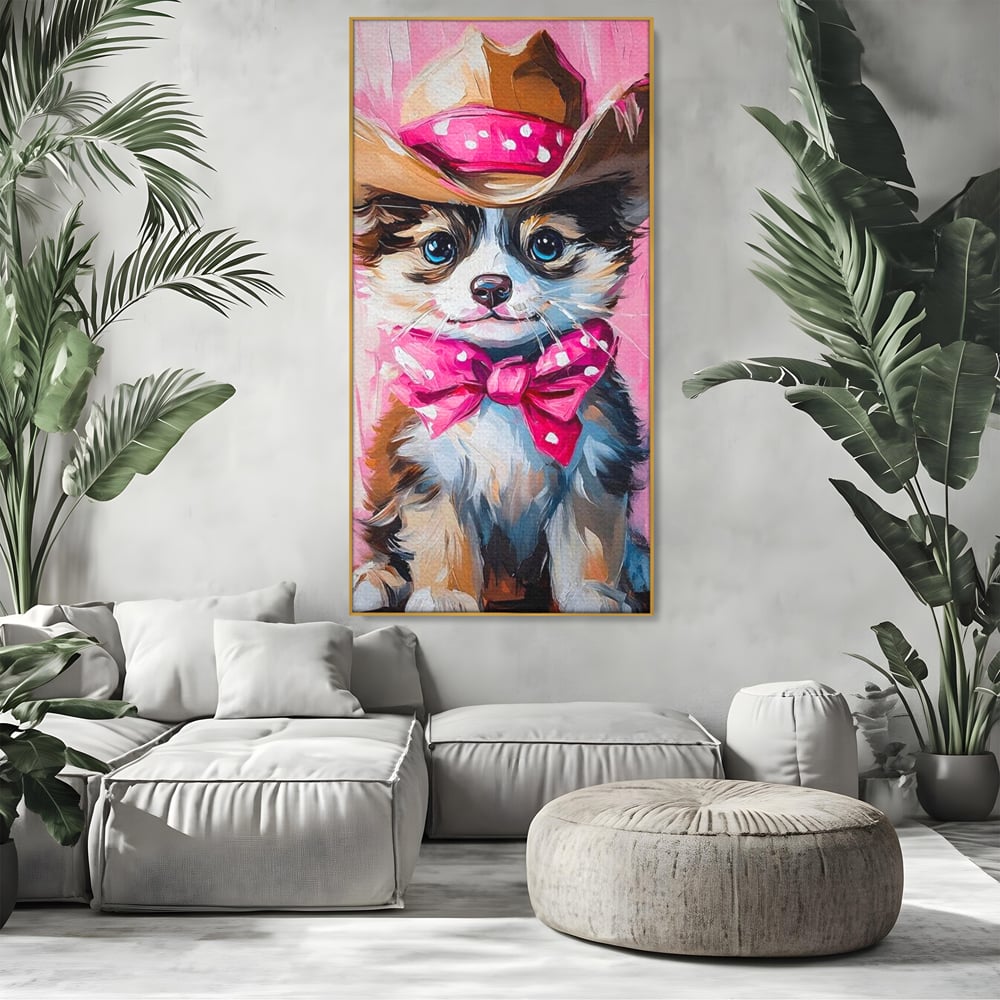 Tablou Canvas Premium, LuxCanva® M1495, Micutul Serif Roz, Catelus, Palarie, Cowboy, Dragalas, Fundita, Pufosenie, Dormitor, Birou, Living, Camera Copil