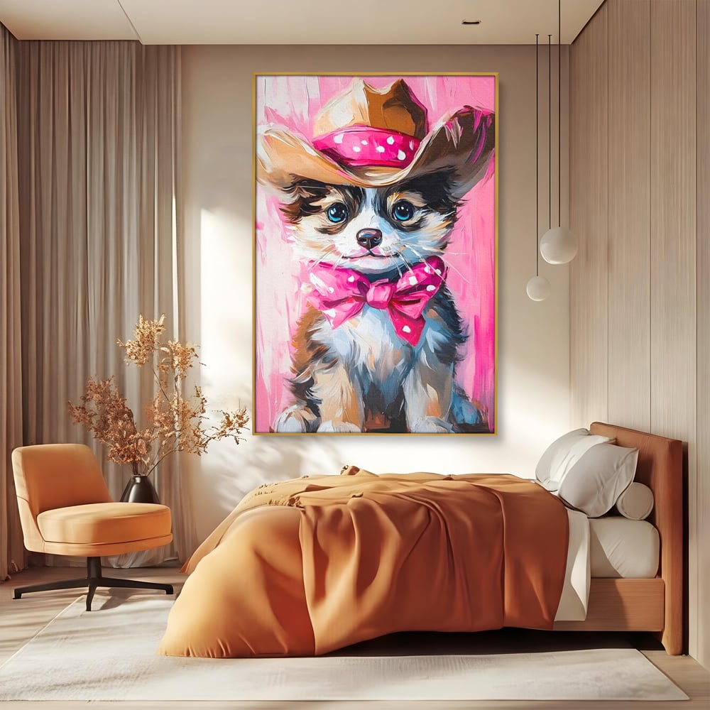 Tablou Canvas Premium, LuxCanva® M1495, Micutul Serif Roz, Catelus, Palarie, Cowboy, Dragalas, Fundita, Pufosenie, Dormitor, Birou, Living, Camera Copil