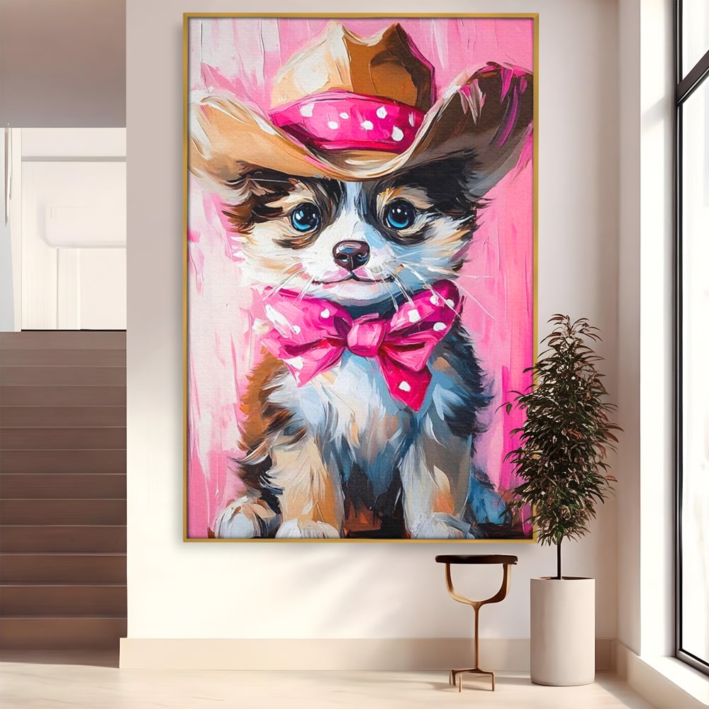 Tablou Canvas Premium, LuxCanva® M1495, Micutul Serif Roz, Catelus, Palarie, Cowboy, Dragalas, Fundita, Pufosenie, Dormitor, Birou, Living, Camera Copil