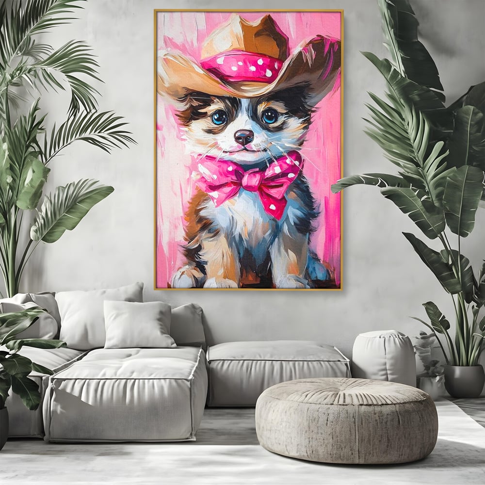 Tablou Canvas Premium, LuxCanva® M1495, Micutul Serif Roz, Catelus, Palarie, Cowboy, Dragalas, Fundita, Pufosenie, Dormitor, Birou, Living, Camera Copil