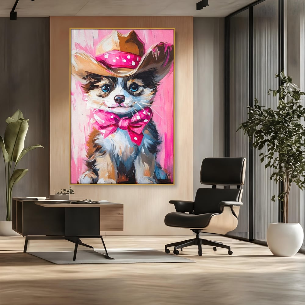 Tablou Canvas Premium, LuxCanva® M1495, Micutul Serif Roz, Catelus, Palarie, Cowboy, Dragalas, Fundita, Pufosenie, Dormitor, Birou, Living, Camera Copil
