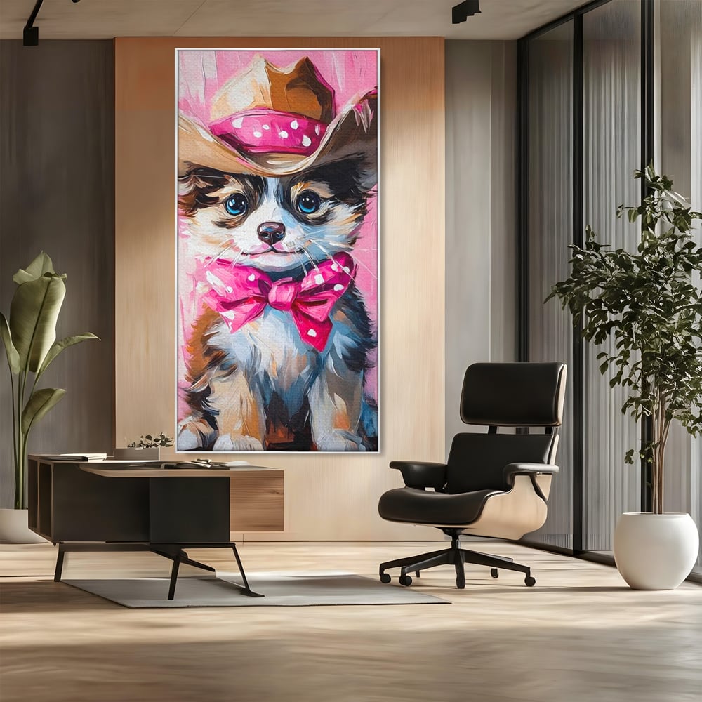 Tablou Canvas Premium, LuxCanva® M1495, Micutul Serif Roz, Catelus, Palarie, Cowboy, Dragalas, Fundita, Pufosenie, Dormitor, Birou, Living, Camera Copil